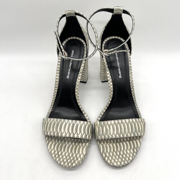 ALEXANDER WANG Abby Snakeskin Tilt Heel Sandal 37.5 Cream Gray Ankle Strap - Picture 3 of 12